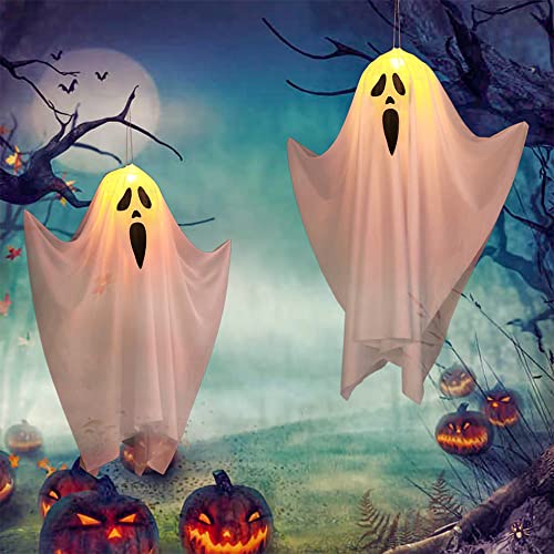 2 Stück Halloween Geist Hängende Anhänger,Halloween Aufhängen Geister Mit Led Lichtern,Halloween Deko Geist,Halloween Windsäcke Geist Hängen Geistergesicht Mit Lichter,Garten Aufblasbar (Stil-A) von Bseical