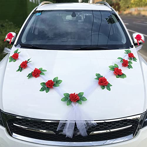 Autoschmuck Hochzeit Motorhaube, Hochzeitsdeko Auto Prächtige Set (mit 2 Autoschleifen Hochzeit Schleife + 9 Blumen) Deko Hochzeit für Alle Automodelle Schleife Herz Vintage Girlande Starkem Saugnapf von Bseical