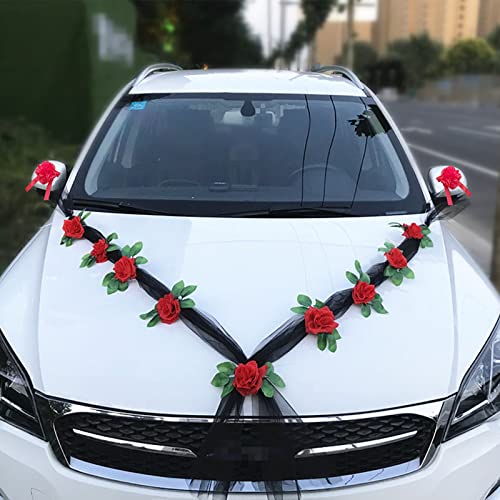 Autoschmuck Hochzeit Motorhaube, Hochzeitsdeko Auto Prächtige Set (mit 2 Autoschleifen Hochzeit Schleife + 9 Blumen) Deko Hochzeit für Alle Automodelle Schleife Herz Vintage Girlande Starkem Saugnapf von Bseical