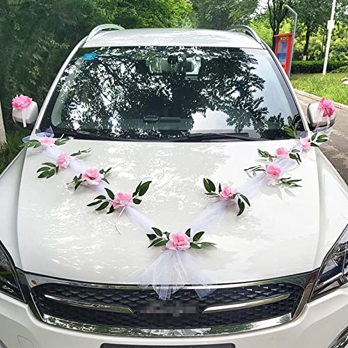 Autoschmuck Hochzeit Motorhaube, Hochzeitsdeko Auto Prächtige Set (mit 2 Autoschleifen Hochzeit Schleife + 9 Blumen) Deko Hochzeit für Alle Automodelle Schleife Herz Vintage Girlande Starkem Saugnapf von Bseical