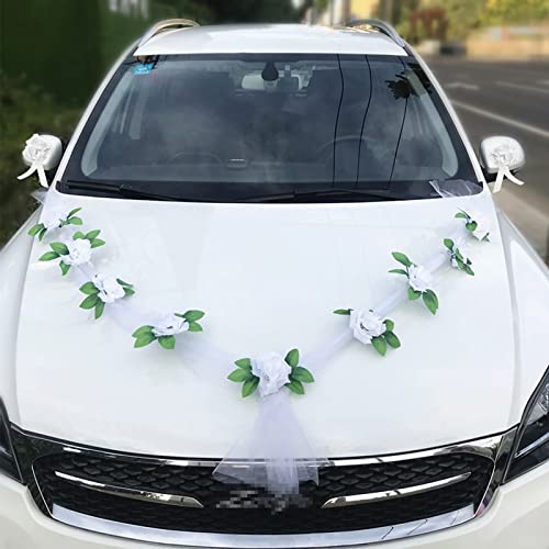 Autoschmuck Hochzeit Motorhaube, Hochzeitsdeko Auto Prächtige Set (mit 2 Autoschleifen Hochzeit Schleife + 9 Blumen) Deko Hochzeit für Alle Automodelle Schleife Herz Vintage Girlande Starkem Saugnapf von Bseical