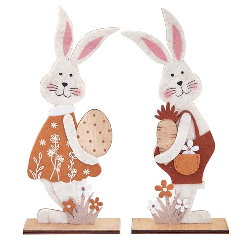 Bseical 2 StüCk Ostern Deko, Osterdeko Hase Zum Hinstellen, Osterhasen Deko Holz, Osterhase Deko, Osterdeko Holz Mit Blumen Und Holzfuß, FüR Osterdekoration Garten Osterhasen Deko Holz, 22cm von Bseical