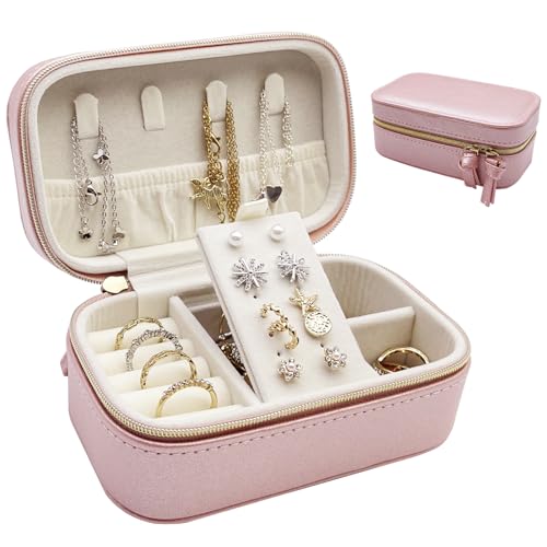 SchmuckkäStchen MäDchen, Schmuckaufbewahrung Reise Leder, Schmuck Organizer Mit ReißVerschluss, Schmuckbox, Schmuckschatulle, Geschenkidee, Schmuckkasten FüR Uhren, Ringe Ohrringe Halsketten (Rosa) von Bseical