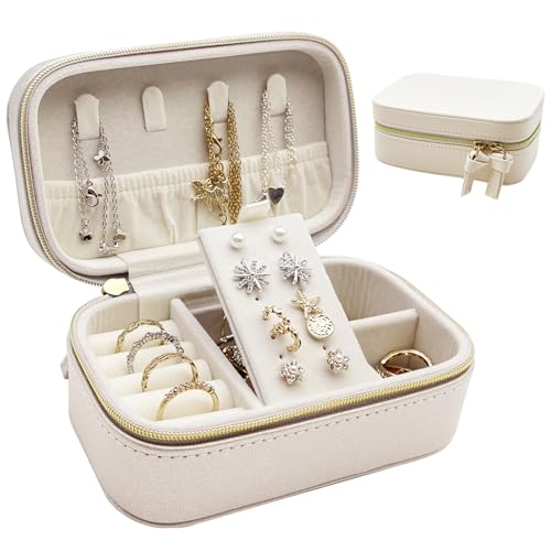 SchmuckkäStchen MäDchen, Schmuckaufbewahrung Reise Leder, Schmuck Organizer Mit ReißVerschluss, Schmuckbox, Schmuckschatulle, Geschenkidee, Schmuckkasten FüR Uhren, Ringe Ohrringe Halsketten (Beige) von Bseical