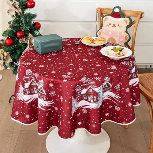 Tischdecke Weihnachten Weihnachtstischdecke Abwaschbar Weihnachtsdeckchen Christmas Table Cloth Garten Tischdecke Wachstuch Rund Oval Eckig Indoor (Rot, Eckig 100 x 140 cm) von Bseical