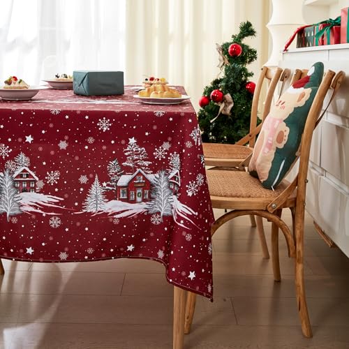 Tischdecke Weihnachten Weihnachtstischdecke Abwaschbar Weihnachtsdeckchen Christmas Table Cloth Garten Tischdecke Wachstuch Rund Oval Eckig Indoor (Rot, Eckig 100 x 140 cm) von Bseical