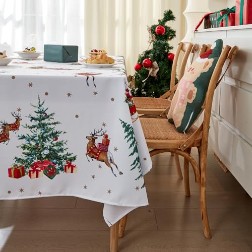 Tischdecke Weihnachten Weihnachtstischdecke Abwaschbar Weihnachtsdeckchen Christmas Table Cloth Garten Tischdecke Wachstuch Rund Oval Eckig Indoor (Weiß, Eckig 100 x 140 cm) von Bseical