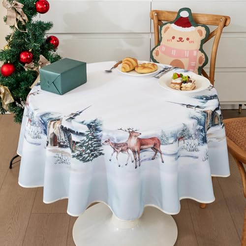 Weihnachtstischdecke, Tischdecke Weihnachten, Weihnachtsdeko Tisch Saisonnal Winter Tischdecke Küche Weihnachtsdecken für Tisch Dekoration Drinnen Party Dekor Abwaschbar (Elch, Φ140cm) von Bseical