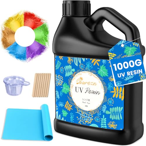 Bsrezn 1000g Großpackung UV-Harz hart, großes UV-Aushärte-Epoxidharz-Set vorgemischt Resina UV solaraktivierter Klebstoff für Schmuckherstellung Schnellhärtung 1KG mit 6 Farben Mica-Pulver von Bsrezn