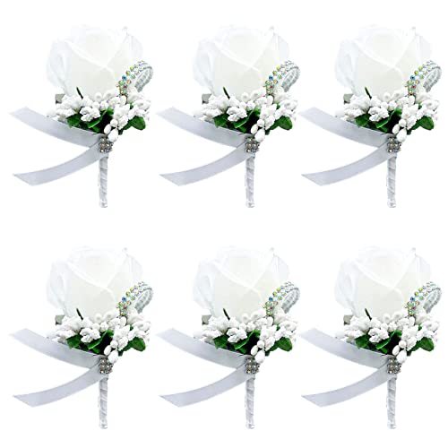 6 Stück Hochzeit Braut Blumen Anstecker, Rose Blumen Anstecker, Hochzeitsanstecker der Männer, Hochzeitsbrosche, Hochzeit Rose Blumen Anstecker, für Party Prom Männer Anzug Dekoration, Weiß von Bssowe