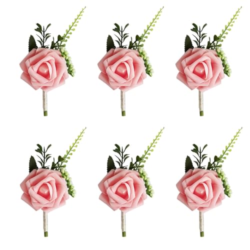 6 Stück Hochzeit Braut Blumen Anstecker, Rose Blumen Anstecker, Hochzeitsanstecker der Männer, Hochzeitsbrosche, Hochzeit Rose Blumen Anstecker, für Party Prom Männer Anzug Dekoration (Rosa) von Bssowe