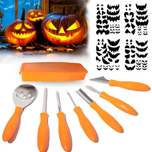 Bstalpine Halloween Kürbis Schnitzset – 7Pcs Edelstahl Schnitzwerkzeug Kürbis, Pumpkin Carving Set für Kinder & Familie, DIY Kürbis Schnitzset mit Aufbewahrungsbox für Bastelenthusiasten von Bstalpine