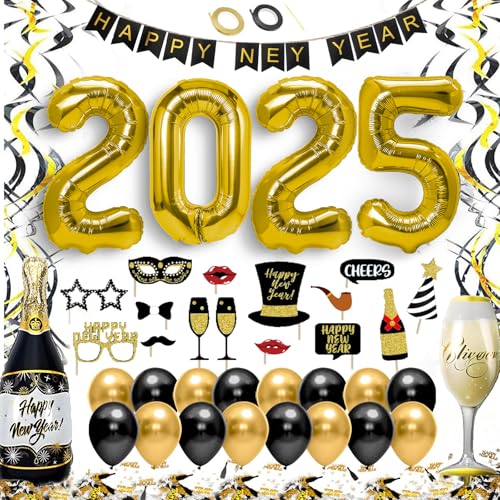 Silvester Deko 2025 XXL Set - Neujahr Silvesterdeko, Happy New Year Girlande, Folienballons, Fotorequisiten, Konfetti & Ballons für eine unvergessliche Silvesterparty von Bstalpine