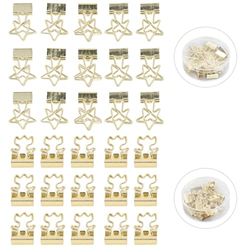 30 Stück Foldback Klammern 20mm Mini Binder Clips mit Aufbewahrungsbox, Gold Pentagramm und Blumen Muster Griff Büroklammern Metall Papierklammern für Büro, Schule von Buachois