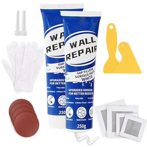 Bubuny Spachtelmasse Weiß Innen, 500g Löcher Wand Füllen Weiß, Wandreparatur Creme mit 4 Trockenbau Flicken 4 Schleifpapier, Wall Repair Kit für Schnelle Reparatur von Rissen Graffiti und Löchern von Bubuny