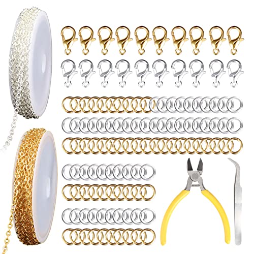 Bubuyun 2 STK 5m Schmuckkette Gliederkette Meterware Schmuckherstellung Kit Silber Gelb Schmuck machen Kette dünn Jewelry Link Chain mit 20 Karabinerverschluss und 100 Biegeringe für DIY Halskette 3mm von Bubuyun