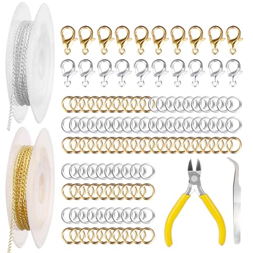 Bubuyun 2 STK 5m Schmuckkette Gliederkette Meterware Schmuckherstellung Kit Silber Gelb Schmuck machen Kette dünn Jewelry Link Chain mit 40 Karabinerverschluss und 100 Biegeringe für DIY Halskette von Bubuyun