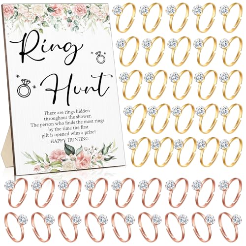 Bucherry Brautparty-Spiele mit Ringen Lustiger Ring Jagdspiele Schild Holzspiel Schild und 100 Mini-Kunststoffringe Fake Ringe mit Diamant für Brautdusche Spiel Hochzeit Sieger Geschenke Party Favors von Bucherry