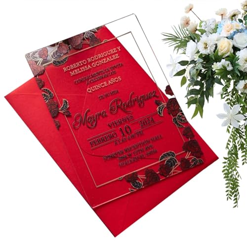 Buerfu Klare Hochzeitseinladungen – Hochzeitseinladungen mit Buchstaben | Rote, goldene Blumen, klare, elegante Hochzeitseinladung für die Hochzeit von Buerfu