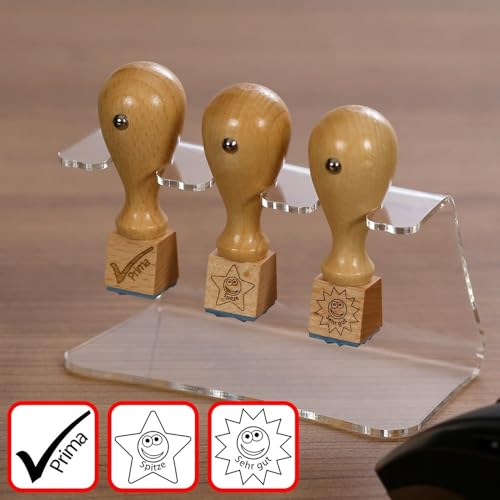 Bütic 3er Set Lehrer- Holzstempel - Schulstempel mit Acrylhalter Ständer - Designs auswählbar, Stempeldesigns:3er Set 2 - Haken Stern Sonne von Bütic GmbH