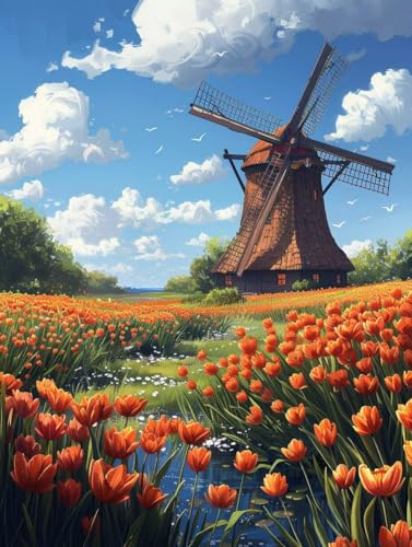 Blume Diamond Painting Bilder, 5D Diamond Painting WindmüHle Daiments Painting Erwachsene Groß XXL 80X100CM Quadrat Diamond Art Painting Kinder Stickerei Kreuzstich Set, Wandzimmer Deko Aesthetic 9-8R von Bugufen