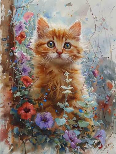 Diamond Painting Katze Diamant Painting Bilder Set, Blume Diamond Painting Erwachsene Kinder DIY 5D Stickerei Kristall Strass Basteln Paintings Set, Home Wand Décor, Geschenke für Frauen 40X50CM Z-4D von Bugufen