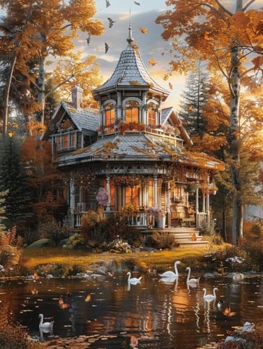 Herbst Diamond Painting Bilder, 5D Diamond Painting Haus Daiments Painting Erwachsene Groß XXL 30X40CM Runden Diamond Art Painting Kinder Stickerei Kreuzstich Set, Wand Zimmer Deko Aesthetic 6-44 von Bugufen