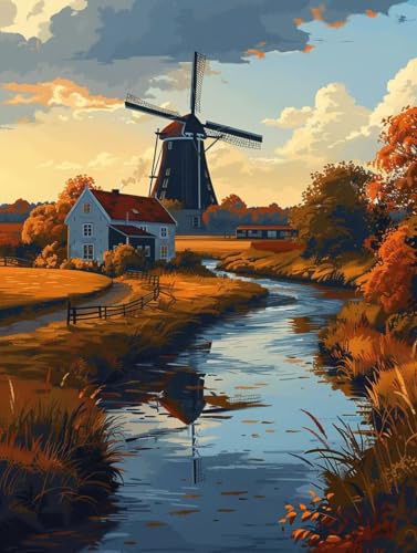 Landschaft Diamond Painting Bilder, 5D Diamond Painting WindmüHle Daiments Painting Erwachsene Groß XXL 80X110CM Runden Diamond Art Painting Kinder Stickerei Kreuzstich Set, Wand Zimmer Deko P-zP von Bugufen