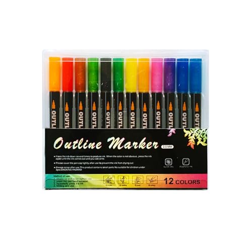 Buhyujkm Schimmernde Marker für Kartenherstellung, bunte Konturenstifte, Glitzer-Marker-Set, kreative Glitzerstifte, 12-teiliges Set, ideal für Grußkarten, Poster und Zeichnungen von Buhyujkm