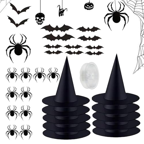 Buhyujkm Hexenhüte Halloween-, Hexenhut- | Schwarze Hexenzubehörkappen zum Aufhängen mit 164 Fuß langem Kabel,Zaubererkostüm für Frauen, Mädchen, Kinder, Halloween-Dekorationen für drinnen und drauße von Buhyujkm