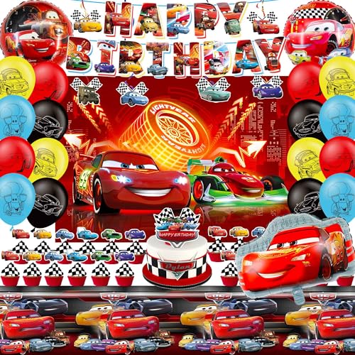 Cars Birthday Decorations, Cars Birthday Party Supplies Include Birthday Banner, Foil Balloons, Backdrop, Tablecloth, Cupcake Toppers, Hanging Swirls for Cars Theme Party Decorations von Bulalu