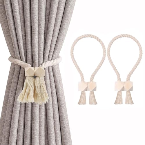 2 Stück Magnetische Vorhang Raffhalter, Gardinenhalter Raffhalter aus Holz Boho, Handgewebt Gardinen Raffhalter, Vorhanghalter, Raffhalter Magnetisch, Baumwollseil für Home Büro Gardinen Deko (Beige) von Bull Tiger Prestige