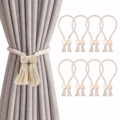 8 Stück Magnetische Vorhang Raffhalter, Gardinenhalter Raffhalter aus Holz Boho, Handgewebt Gardinen Raffhalter, Vorhanghalter, Raffhalter Magnetisch, Baumwollseil für Home Büro Gardinen Deko (Beige) von Bull Tiger Prestige