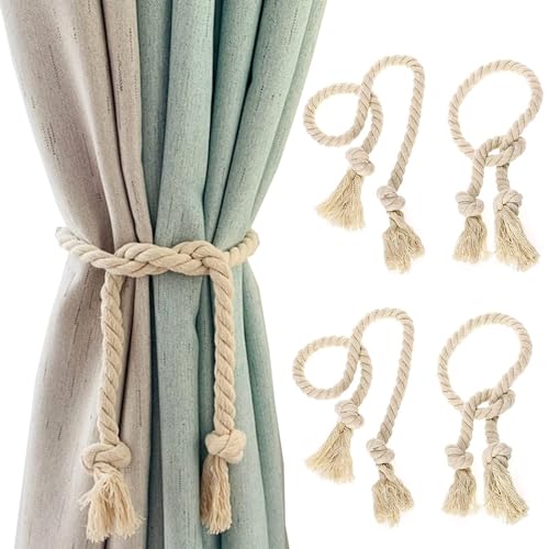 4 Stück Vorhangseil Raffhalter, Raffhalter Vorhang Seil Curtain Rope Buckle Handgemachte Vorhang, Vorhanghalter Vorhang-Raffhalter, Baumwolle, Handgewebt, Raffhalter, Vorhangbänder für Vorhänge(Beige) von Bull Tiger Prestige