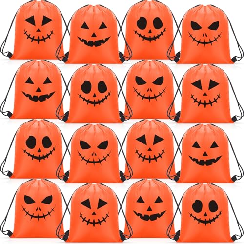 Bulyoou Halloween-Rucksäcke mit Kordelzug, für Halloween-Partys, Süßes oder Leckereien, Kürbis-Design, Schnur, Beutel für Kinder, Halloween, Partyzubehör, Geschenkpapier, 16 Stück von Bulyoou