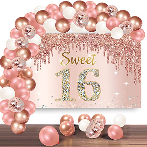 Rose Gold Sweet 16th Birthday Banner Backdrop with Confetti Balloon Garland Arch, Happy 16 Birthday Banner Balloon Set for Girls, Pink Sixteen Bday Poster Photo Booth Decor von Bumqviy