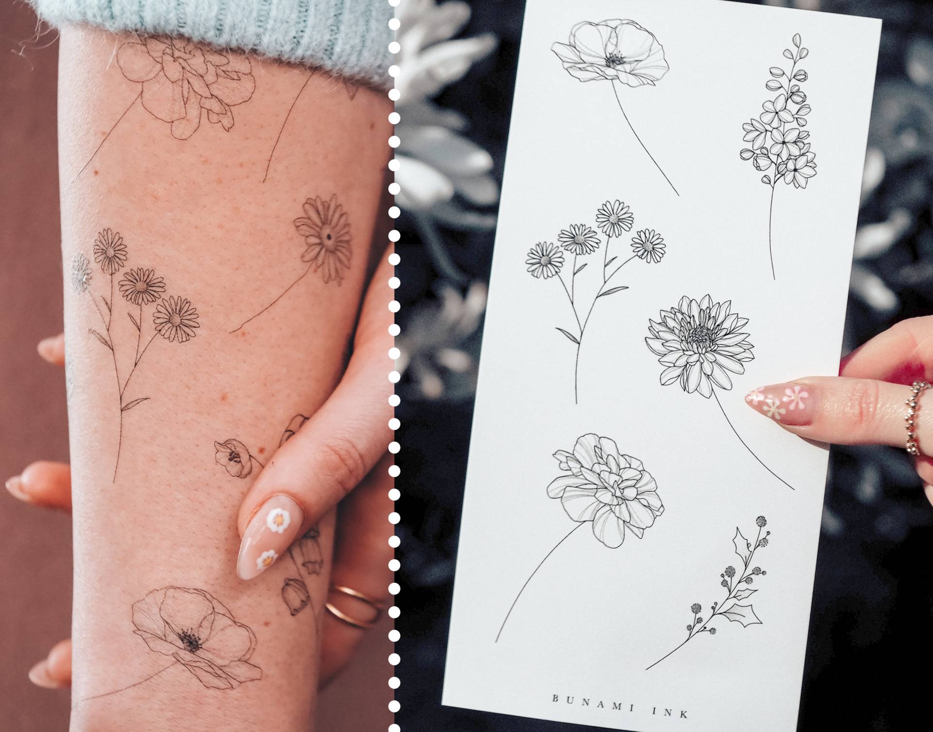 Temporäre Tattoos 6 Geburtsblumen Juli-Dezember Mohnblume Rittersporn Aster Chrisanthemum Ringelblume | Marigold Stechpalme | Holly Flower von BunamiInk