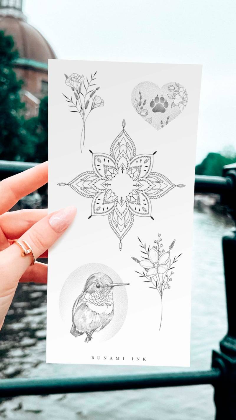 Temporäre Tattoos Kolibri Vogel Vergiss-Mein-Nicht Lavendel Mandala Lisianthus Bouquet Hundepfote von BunamiInk