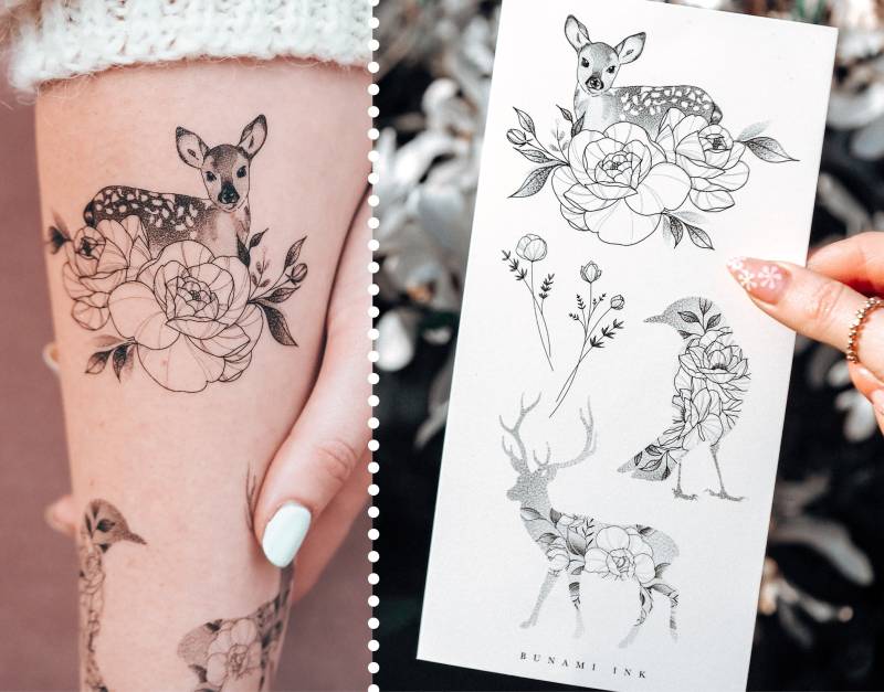 Temporäre Tattoos Tiere Vogel Reh Hirsch Wilde Florale von BunamiInk