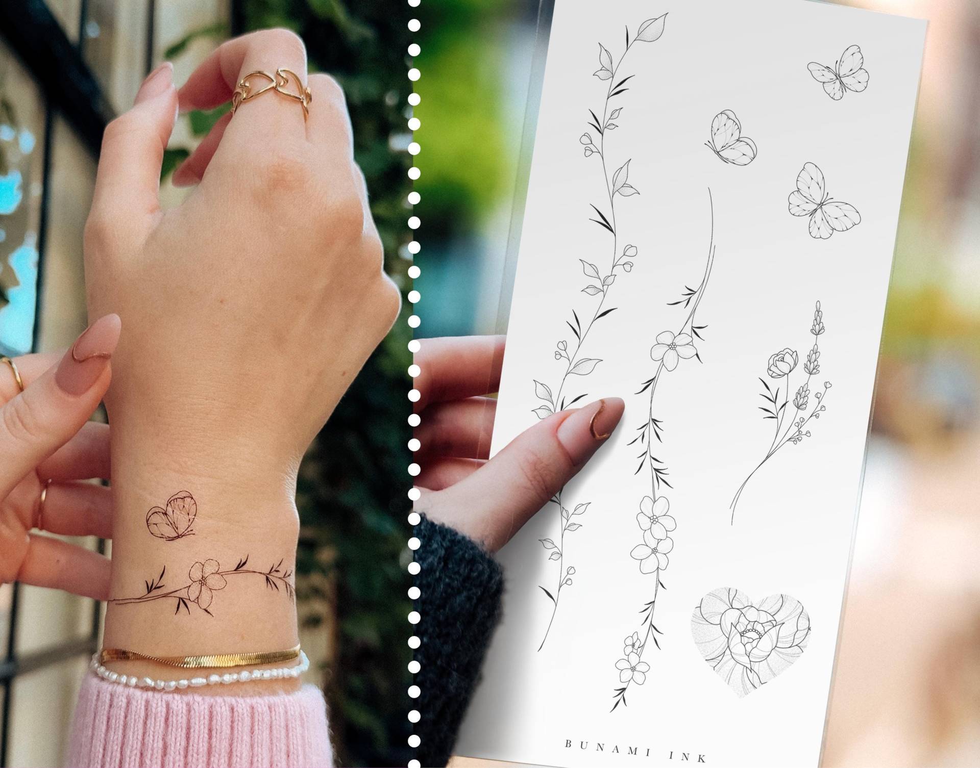 Temporäre Tattoos Vergissmeinnicht-Armband, Florale Armbänder, Schmetterling, Schmetterlinge, Pfingstrose, Herzform von BunamiInk