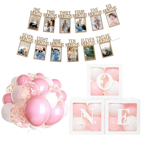 1 Geburtstag Dekorationen für Mädchen - ONE Ballonboxen, 25 Blau & Weiß Luftballons, Erster Geburtstag Fotobanner mit 1-12 Monate Fotorahmen (Rosa) von Bundle Bear