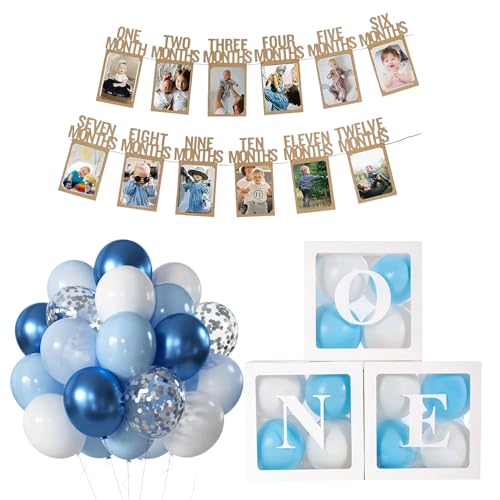 1.Geburtstag Dekorationen für Jungen - ONE Ballonboxen, 25 Blau & Weiß Luftballons, Erster Geburtstag Fotobanner mit 1-12 Monate Fotorahmen (Blau) von Bundle Bear