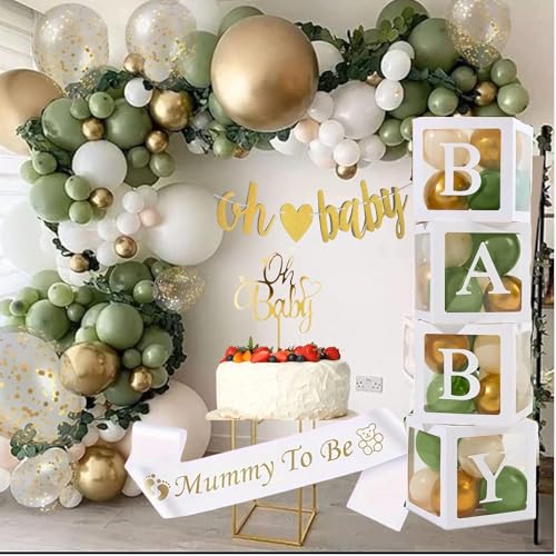 Babyparty-Dekorationsset, einschließlich Baby-Ballon-Boxen, Babyparty-Banner, Schärpe für werdende Mütter, Oh Baby-Kuchenaufsatz und neutrale Babyparty-Ballons (Grün & Gold) von Bundle Bear