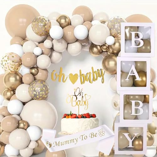 Babyparty-Dekorationsset, einschließlich Baby-Ballon-Boxen, Babyparty-Banner, Schärpe für werdende Mütter, Oh Baby-Kuchenaufsatz und neutrale Babyparty-Ballons (neutral) von Bundle Bear