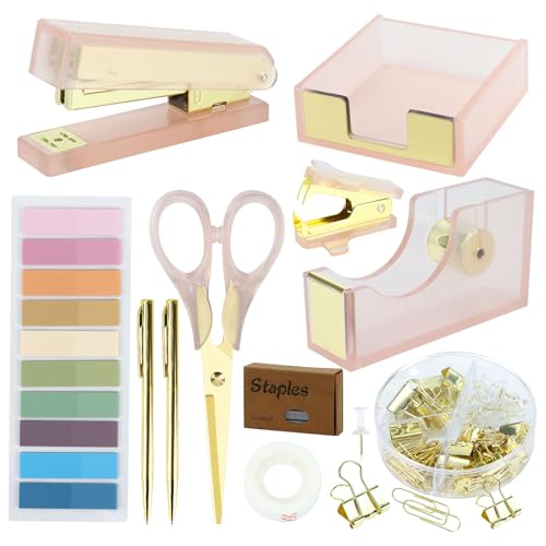 Buqoo Bürobedarf-Set aus Acryl, Schreibtischzubehör, rosa Heftgerät und Klebebandabroller-Set mit Klammerentferner, Clips, Haftnotizhalter, Stift, Schere, eine Vielzahl von rosa von Buqoo