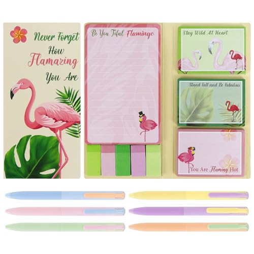 Buqoo Office Supplies Schreibwaren-Set mit Flamingo-Motiv, 6 Gelstifte mit feiner Spitze, 1 Notizblock mit 3 Haftnotizblättern innen, 4 Seitenmarkierungen, für Büro, Schulbedarf von Buqoo