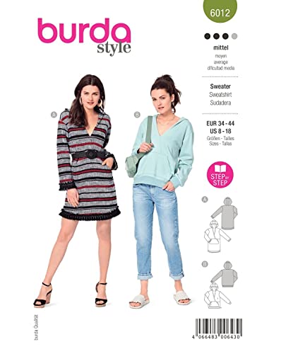 Burda Style Katalog-Schnittmuster Sweater und Kapuzenkleid | Damen, Gr. 34-44 | Nählevel: Mittel #6012 von Burda