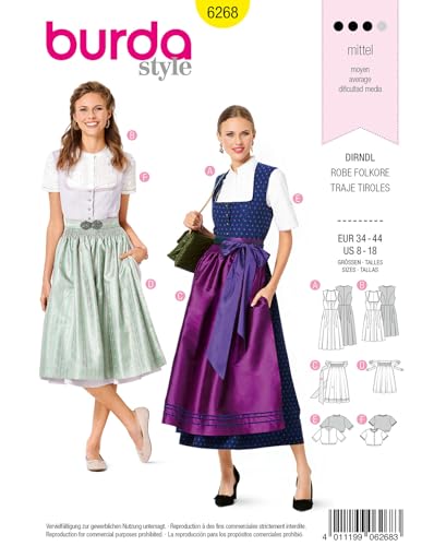 Burda Style Schnittmuster 6268 – Damen-Pulloverkleid im Dirndl-Stil, Bluse und Schürze, Größe A (36-38-40-42-44-46) von Burda