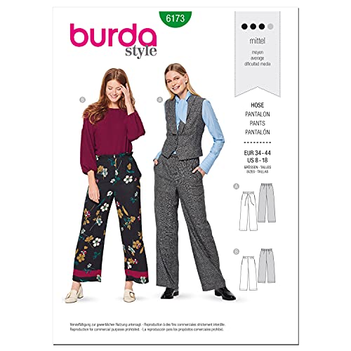 Burda Style Schnittmuster-Set für Damenhosen mit Kordelzug, gerade Passform, Code 6173, Größen 36-46, mehrfarbig von Burda