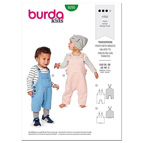 Burda Style Baby-Latzoverall mit Trägern, Code 9295 Schnittmuster-Set, Größen 1 Monat bis 3 Jahre, mehrfarbig von burdastyle